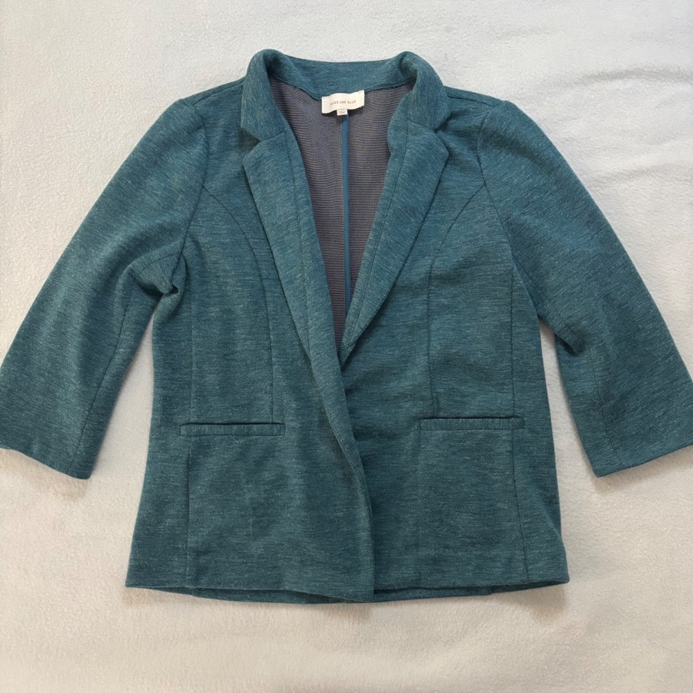Skies Are Blue Teal Knit Blazer Open Front 3/4 Sleeve Jacket Womens Medium